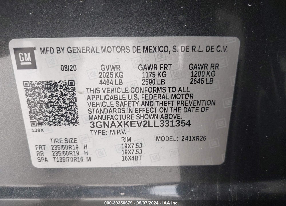 2020 CHEVROLET EQUINOX FWD LT 1.5L TURBO VIN: 3GNAXKEV2LL331354