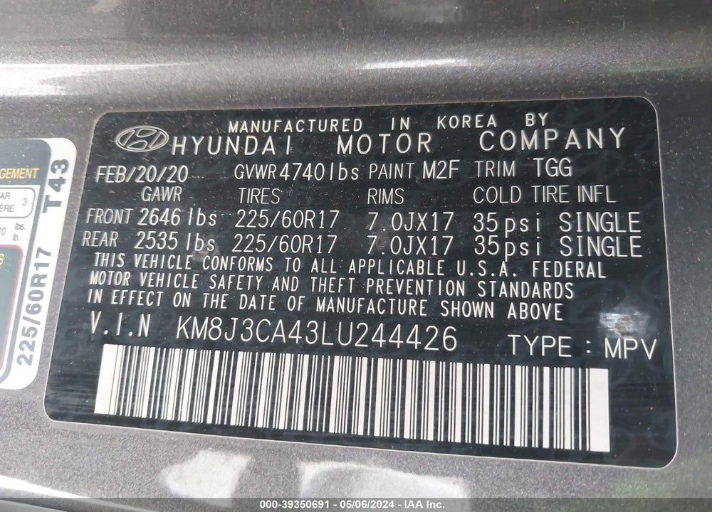 2020 HYUNDAI TUCSON VALUE VIN: KM8J3CA43LU244426