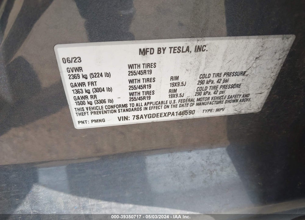 2023 TESLA MODEL Y AWD/LONG RANGE DUAL MOTOR ALL-WHEEL DRIVE VIN: 7SAYGDEEXPA146590