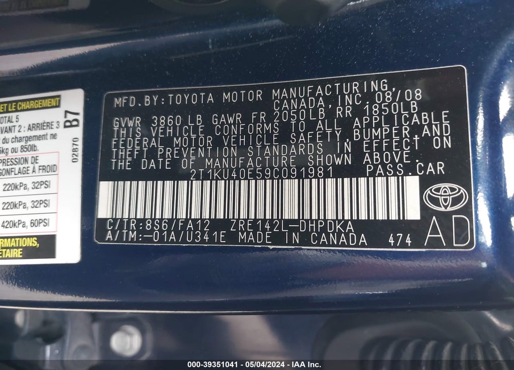 2009 TOYOTA MATRIX VIN: 2T1KU40E59C091981