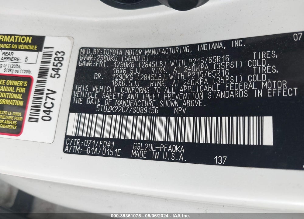 2007 TOYOTA SIENNA XLE VIN: 5TDZK22C77S089156