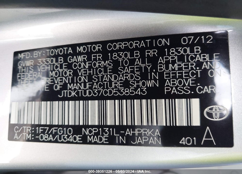 2012 TOYOTA YARIS LE VIN: JTDKTUD37CD538543
