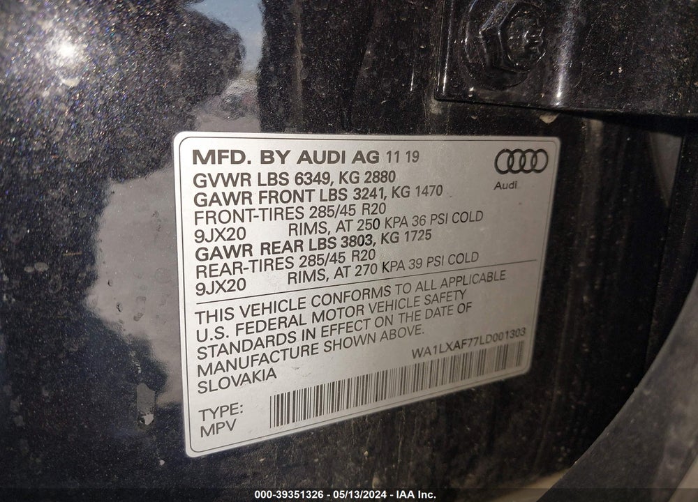 2020 AUDI Q7 PREMIUM PLUS 55 TFSI QUATTRO TIPTRONIC VIN: WA1LXAF77LD001303