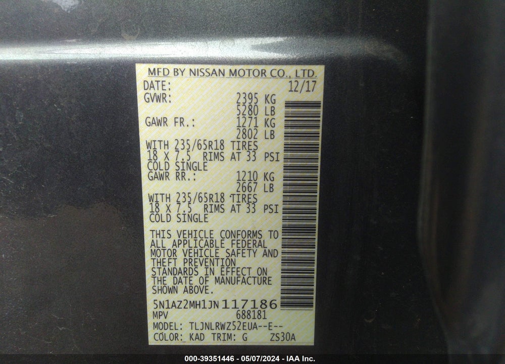 2018 NISSAN MURANO SL VIN: 5N1AZ2MH1JN117186