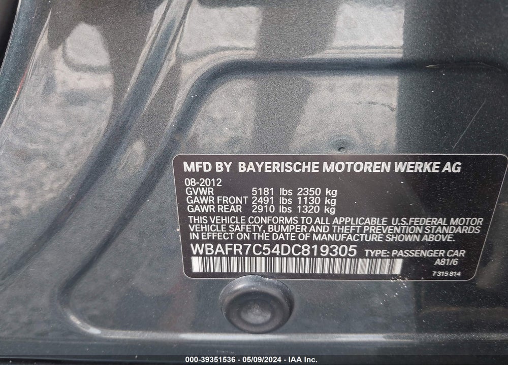 2013 BMW 535I VIN: WBAFR7C54DC819305