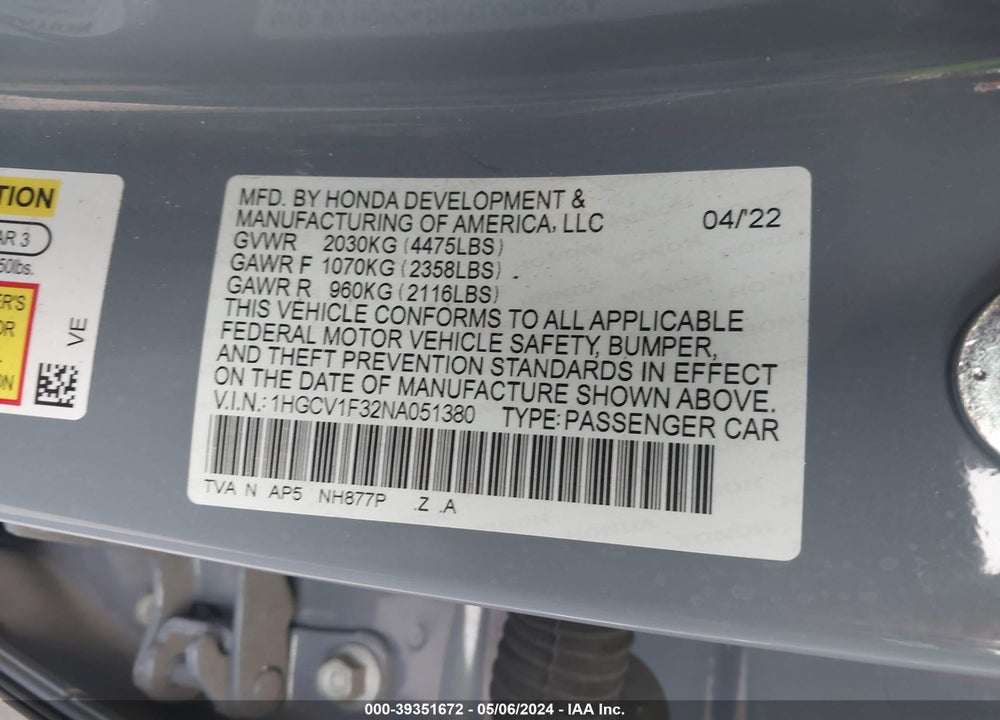 2022 HONDA ACCORD SPORT VIN: 1HGCV1F32NA051380