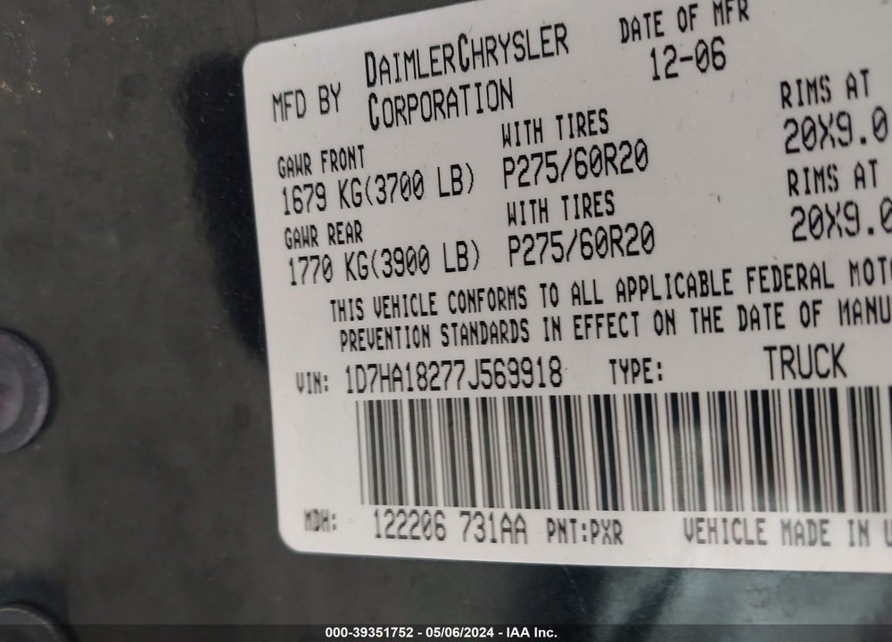 2007 DODGE RAM 1500 SLT VIN: 1D7HA18277J569918
