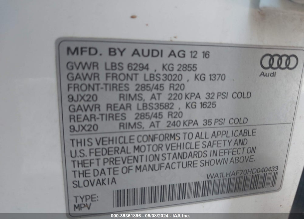 2017 AUDI Q7 2.0T PREMIUM VIN: WA1LHAF70HD040433