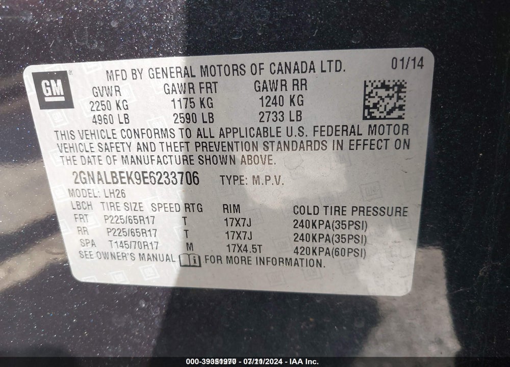 2014 CHEVROLET EQUINOX 1LT VIN: 2GNALBEK9E6233706