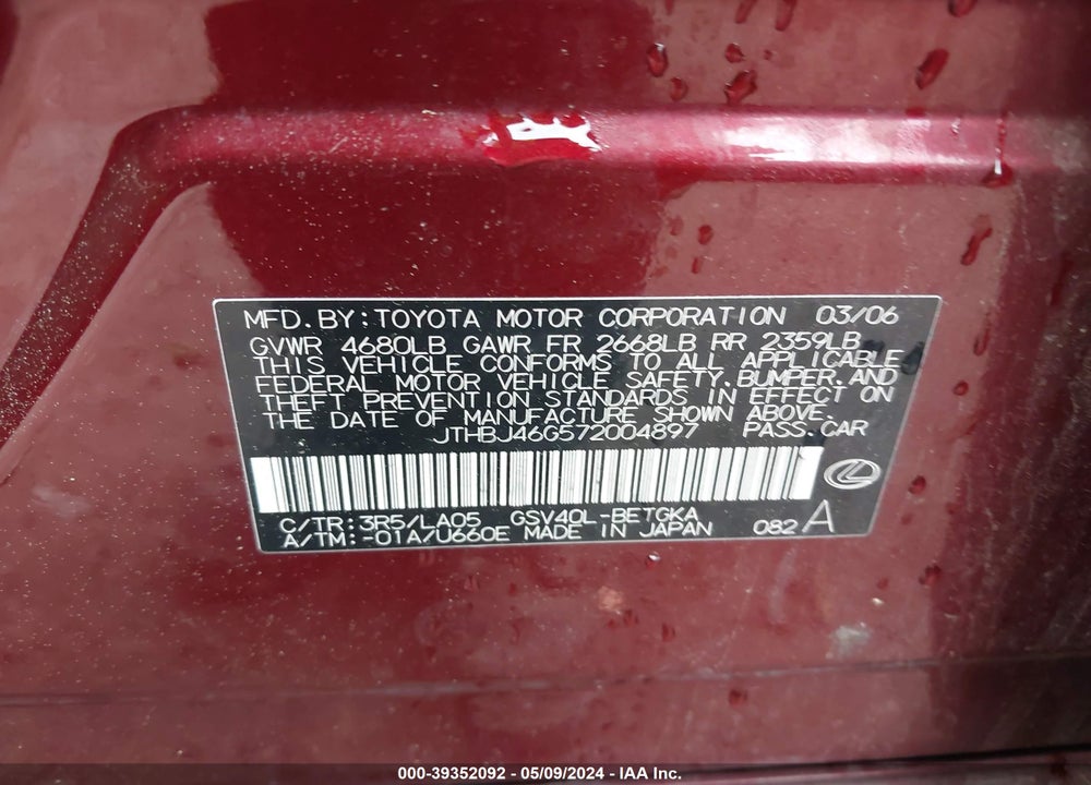 2007 LEXUS ES 350 VIN: JTHBJ46G572004897