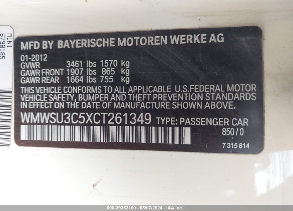 2012 MINI COOPER VIN: WMWSU3C5XCT261349