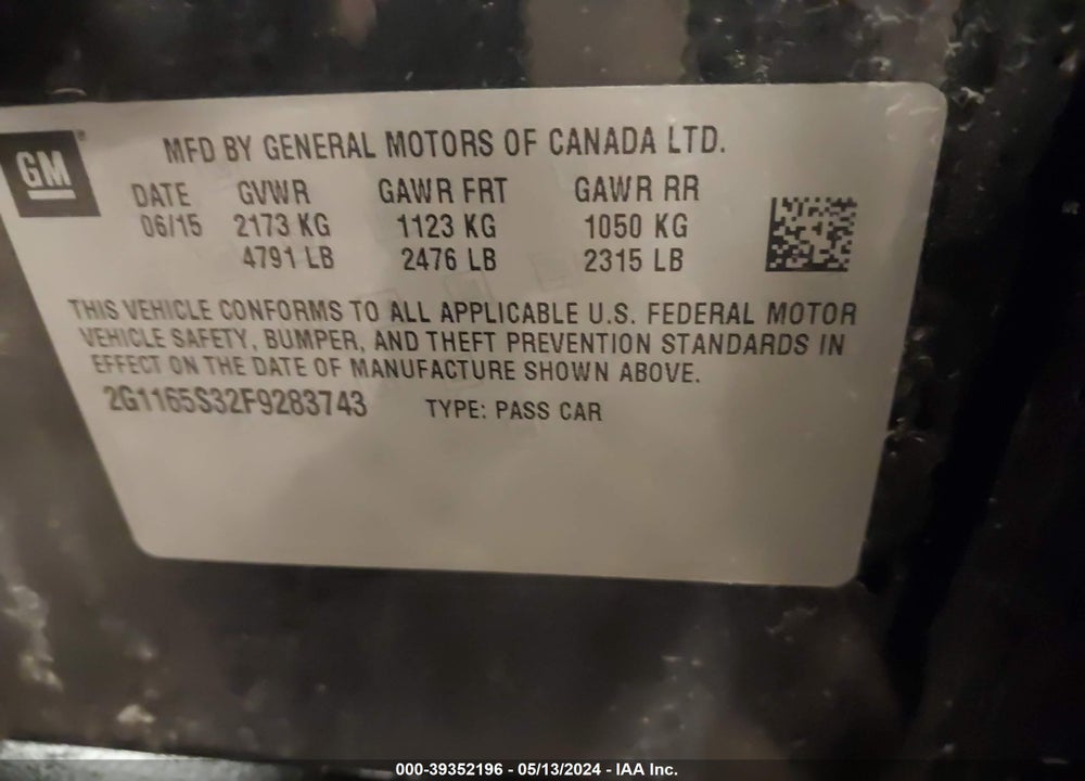 2015 CHEVROLET IMPALA 2LZ VIN: 2G1165S32F9283743