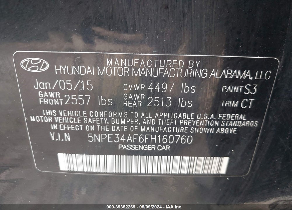 2015 HYUNDAI SONATA LIMITED VIN: 5NPE34AF6FH160760