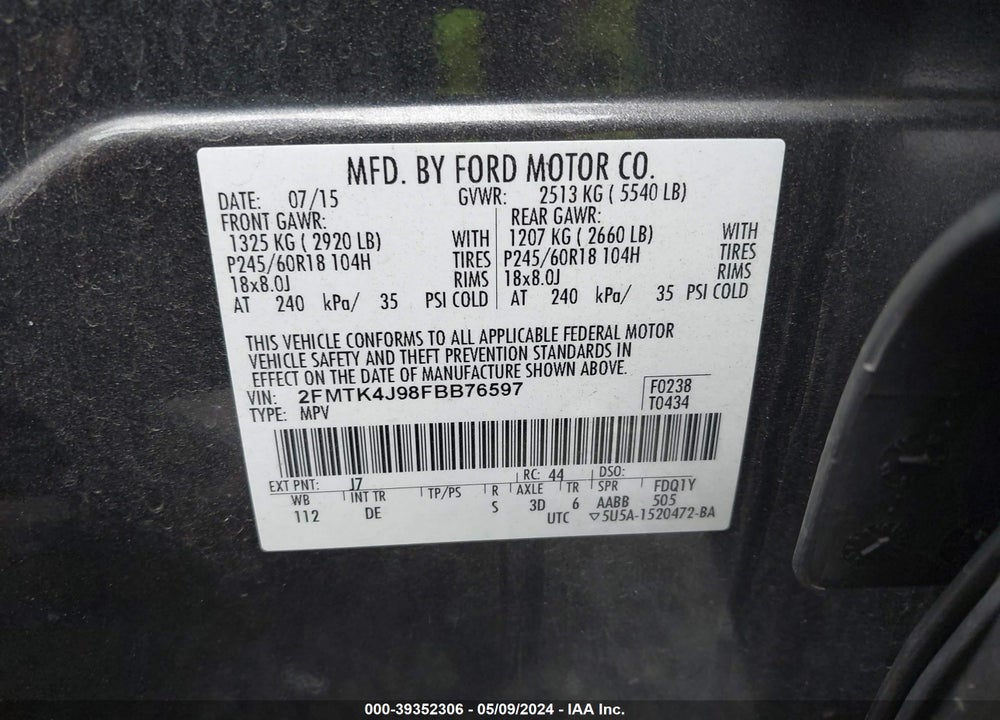 2015 FORD EDGE SEL VIN: 2FMTK4J98FBB76597