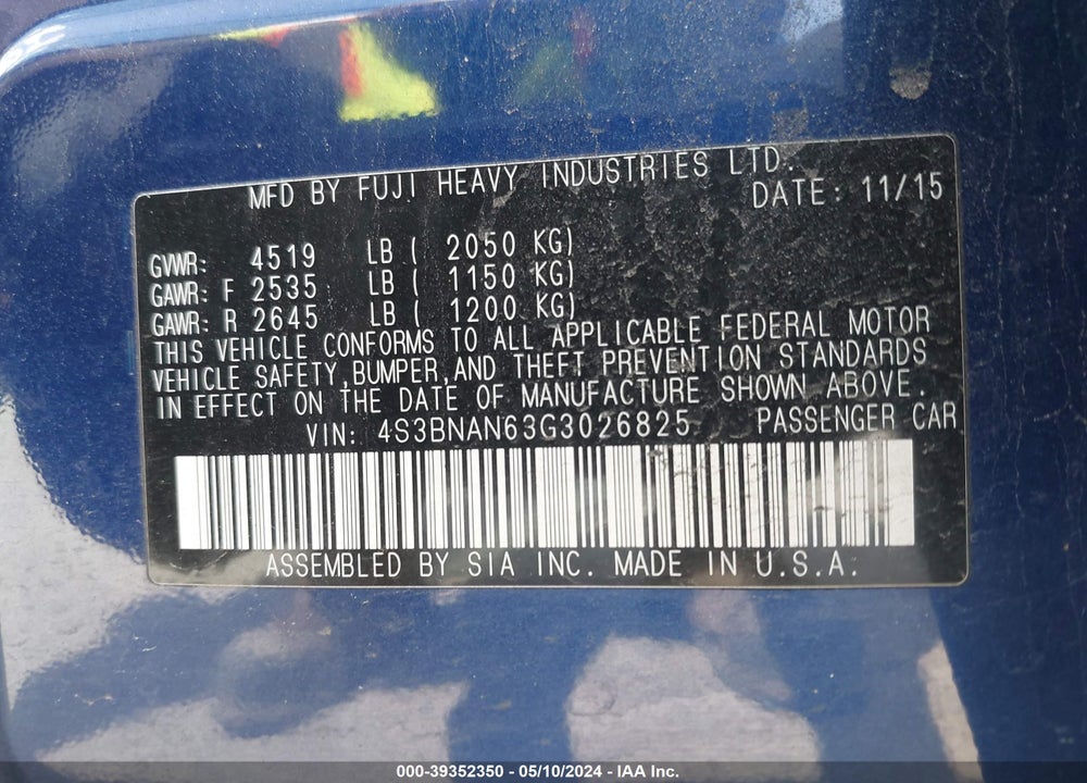 2016 SUBARU LEGACY 2.5I LIMITED VIN: 4S3BNAN63G3026825
