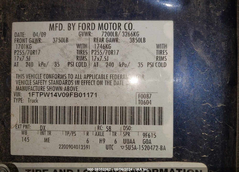 2009 FORD F-150 FX4/KING RANCH/LARIAT/PLATINUM/XL/XLT VIN: 1FTPW14V09FB01171