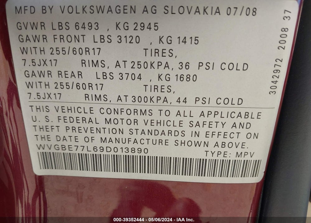 2009 VOLKSWAGEN TOUAREG 2 VR6 FSI VIN: WVGBE77L69D013890