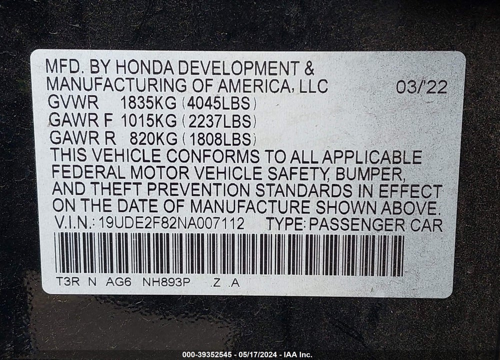 2022 ACURA ILX PREMIUM A-SPEC PACKAGES/TECHNOLOGY A-SPEC PACKAGES VIN: 19UDE2F82NA007112