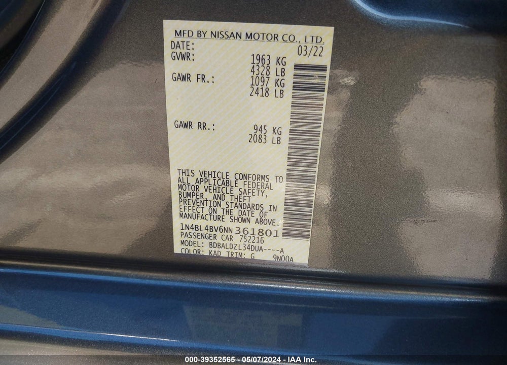 2022 NISSAN ALTIMA VIN: 1N4BL4BV6NN361801