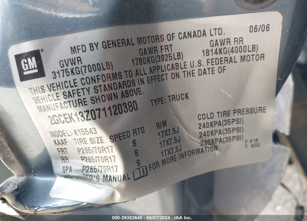 2007 CHEVROLET SILVERADO 1500 CLASSIC LT2 VIN: 2GCEK13Z071120380