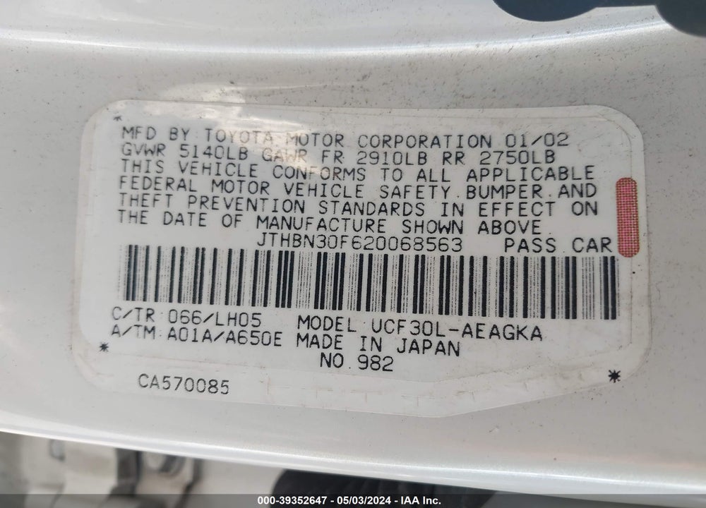 2002 LEXUS LS 430 VIN: JTHBN30F620068563
