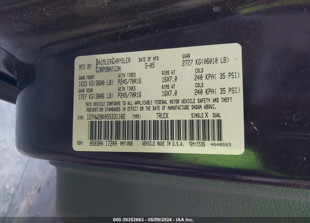 2005 DODGE DAKOTA ST VIN: 1D7HW28K05S331102