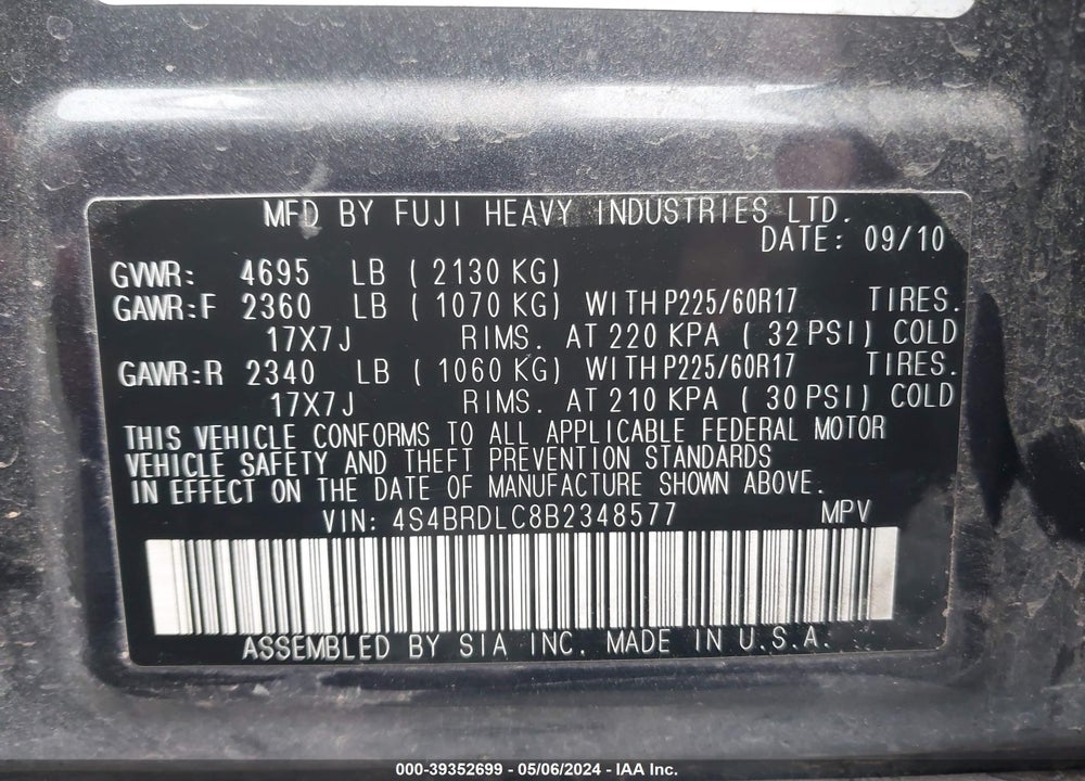 2011 SUBARU OUTBACK 3.6R LIMITED VIN: 4S4BRDLC8B2348577