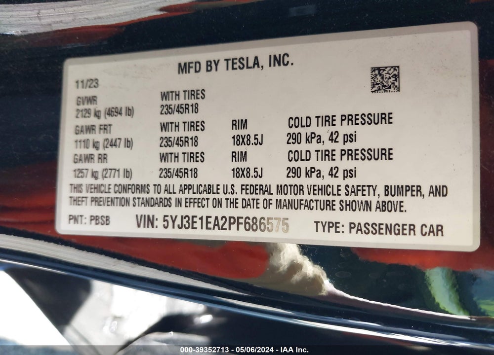 2023 TESLA MODEL 3 REAR-WHEEL DRIVE VIN: 5YJ3E1EA2PF686575