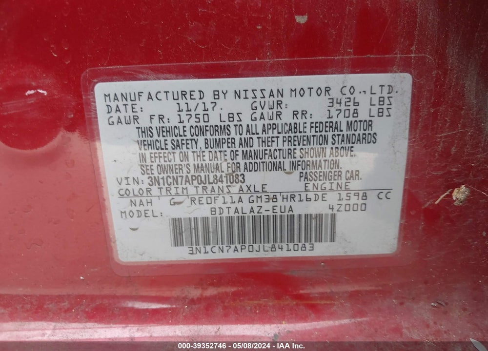 2018 NISSAN VERSA 1.6 S+ VIN: 3N1CN7AP0JL841083