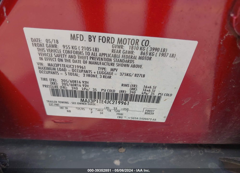 2018 FORD ECOSPORT SE VIN: MAJ3P1TE4JC219961