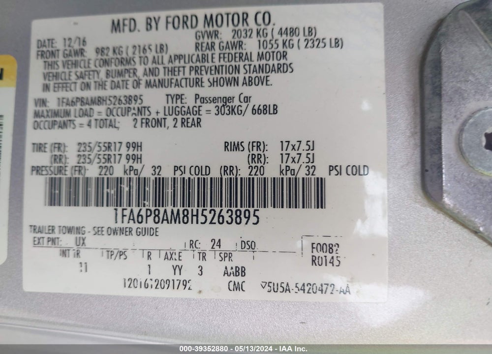 2017 FORD MUSTANG V6 VIN: 1FA6P8AM8H5263895
