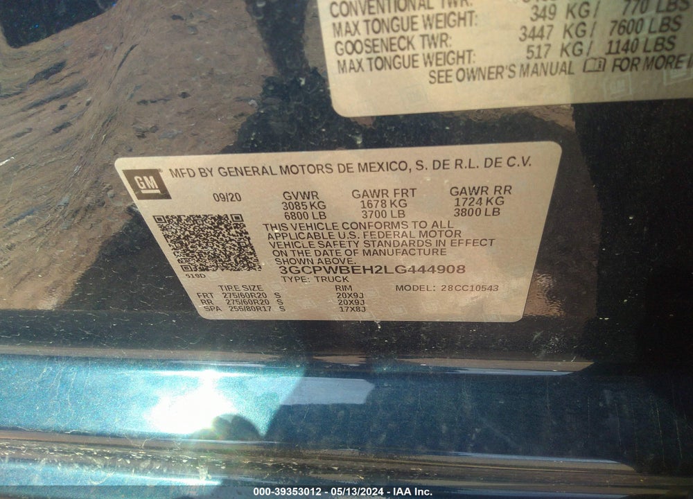 2020 CHEVROLET SILVERADO 1500 VIN: 3GCPWBEH2LG444908