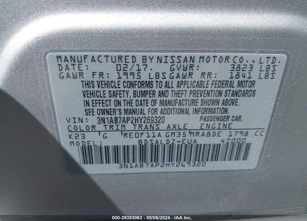 2017 NISSAN SENTRA SV VIN: 3N1AB7AP2HY269320