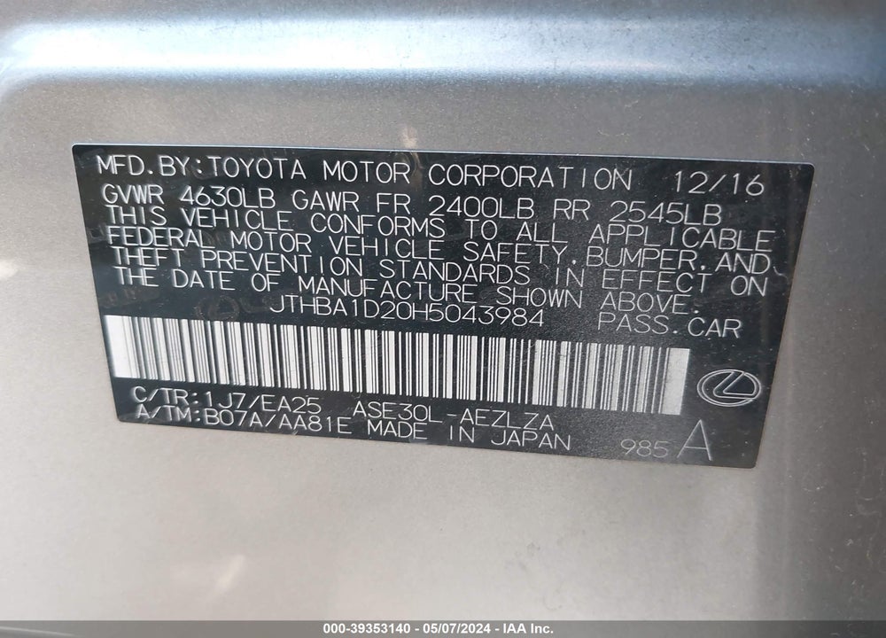 2017 LEXUS IS 200T VIN: JTHBA1D20H5043984