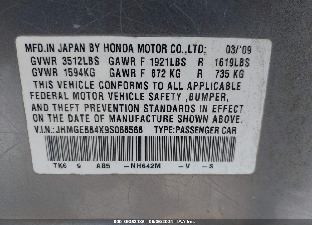 2009 HONDA FIT SPORT VIN: JHMGE884X9S068568