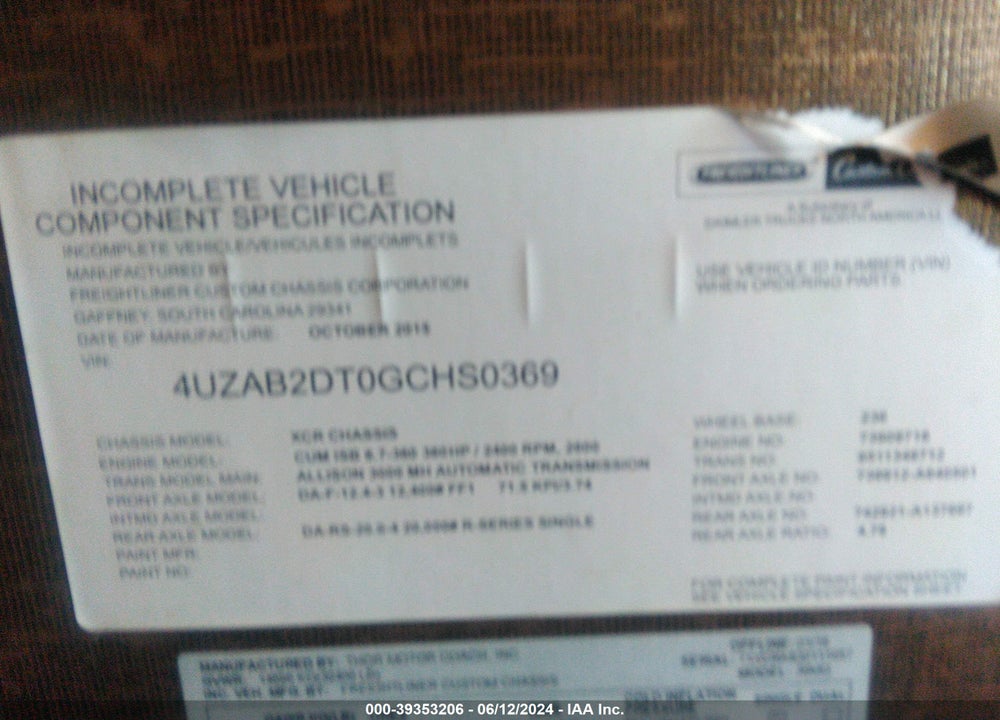 2016 FREIGHTLINER CHASSIS XC VIN: 4UZAB2DT0GCHS0369