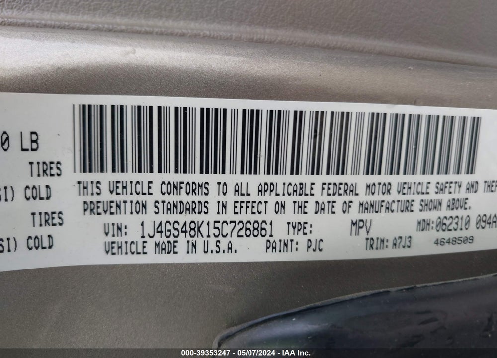 2005 JEEP GRAND CHEROKEE LAREDO VIN: 1J4GS48K15C726861