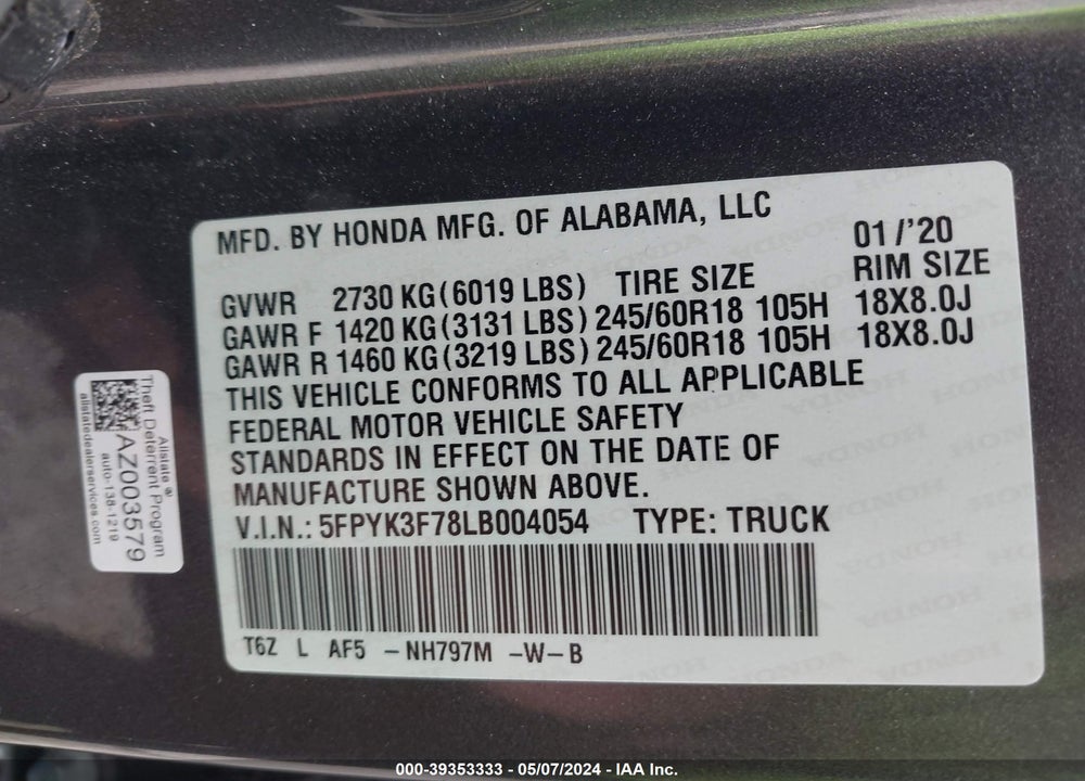 2020 HONDA RIDGELINE RTL-E VIN: 5FPYK3F78LB004054