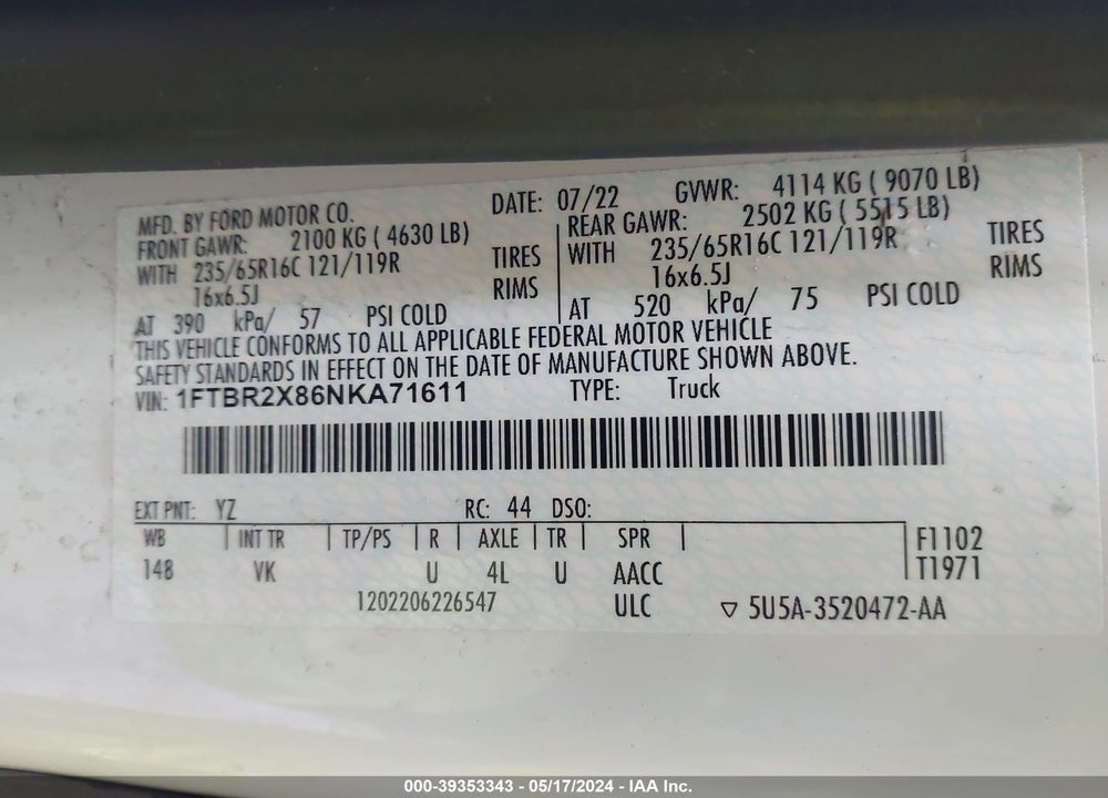 2022 FORD TRANSIT-250 VIN: 1FTBR2X86NKA71611