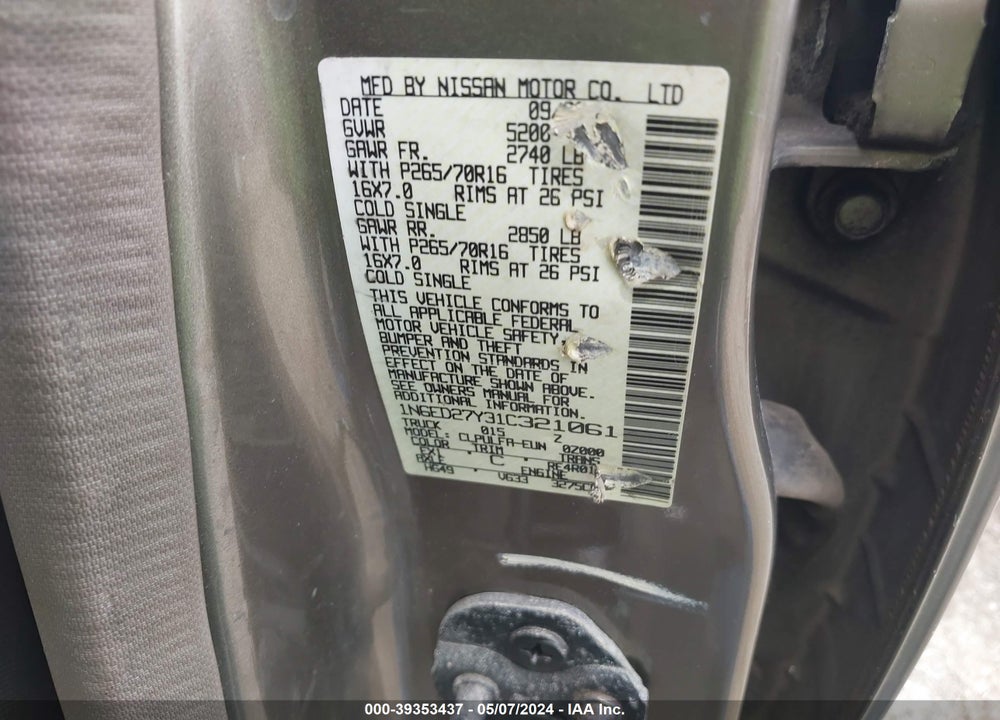 2001 NISSAN FRONTIER SE-V6 VIN: 1N6ED27Y31C321061