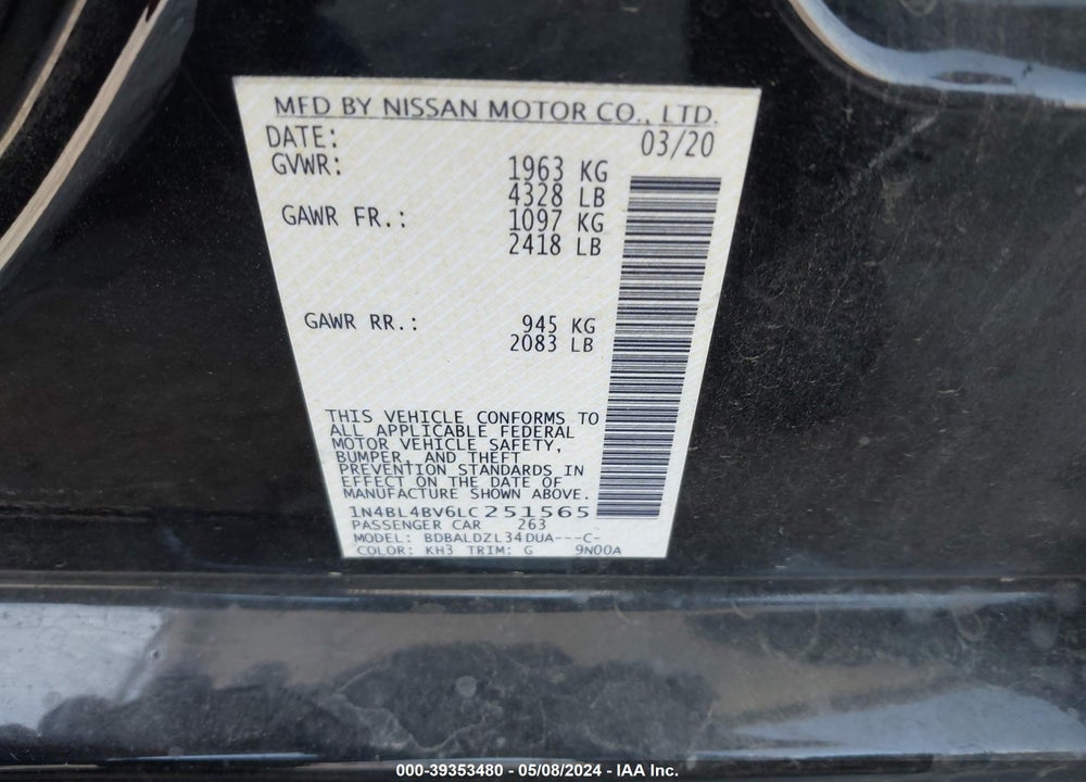 2020 NISSAN ALTIMA S FWD VIN: 1N4BL4BV6LC251565