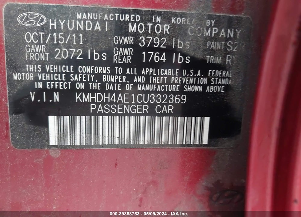 2012 HYUNDAI ELANTRA LIMITED (ULSAN PLANT) VIN: KMHDH4AE1CU332369
