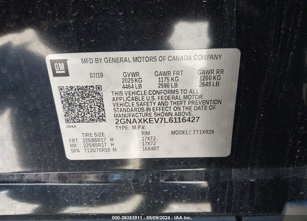 2020 CHEVROLET EQUINOX FWD LT 1.5L TURBO VIN: 2GNAXKEV7L6116427
