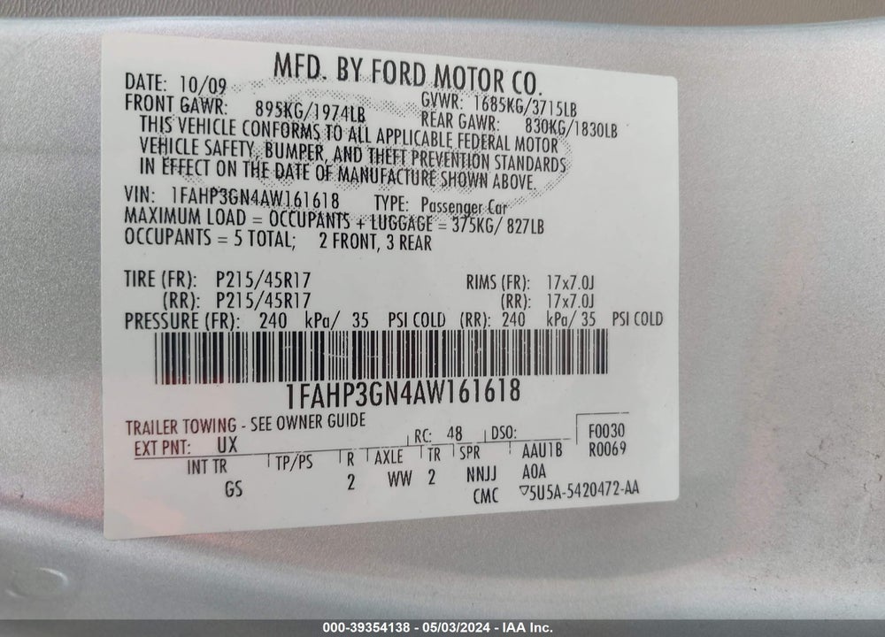 2010 FORD FOCUS SES VIN: 1FAHP3GN4AW161618