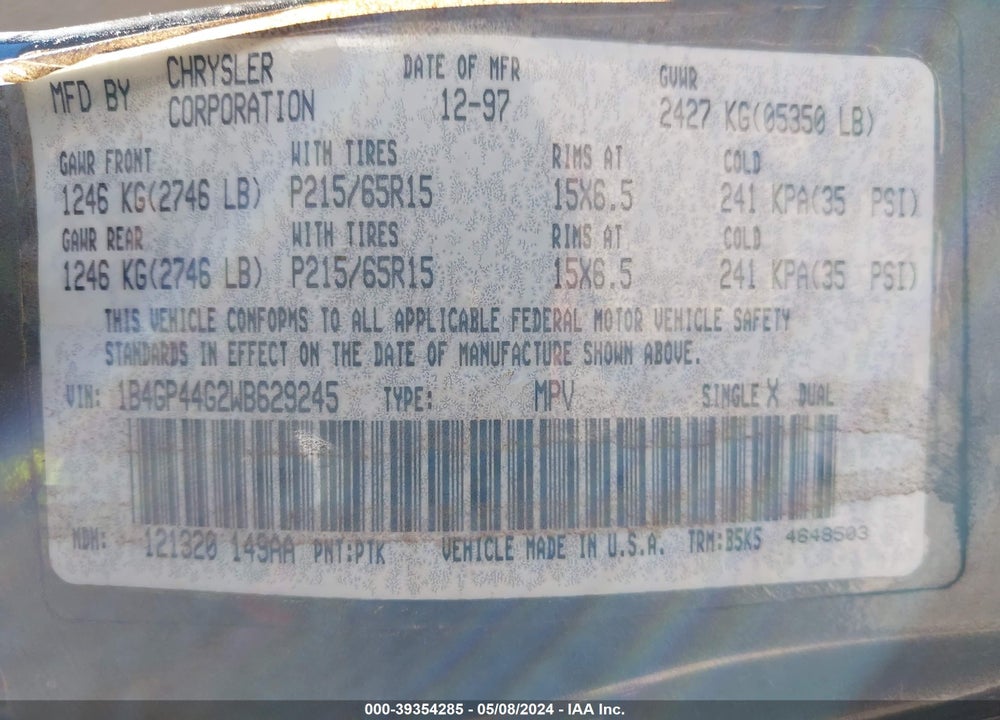 1998 DODGE GRAND CARAVAN SE VIN: 1B4GP44G2WB629245