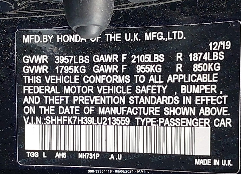 2020 HONDA CIVIC LX VIN: SHHFK7H39LU213559
