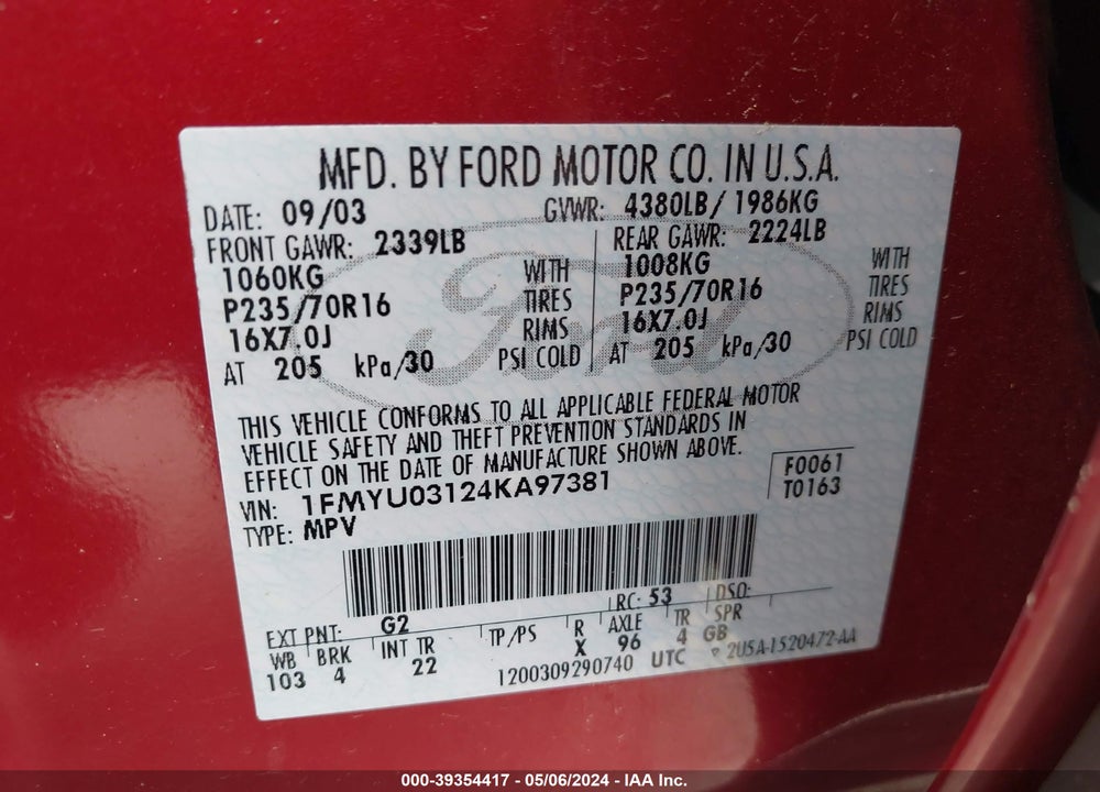 2004 FORD ESCAPE XLT VIN: 1FMYU03124KA97381