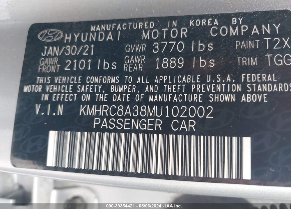 2021 HYUNDAI VENUE SEL VIN: KMHRC8A38MU102002