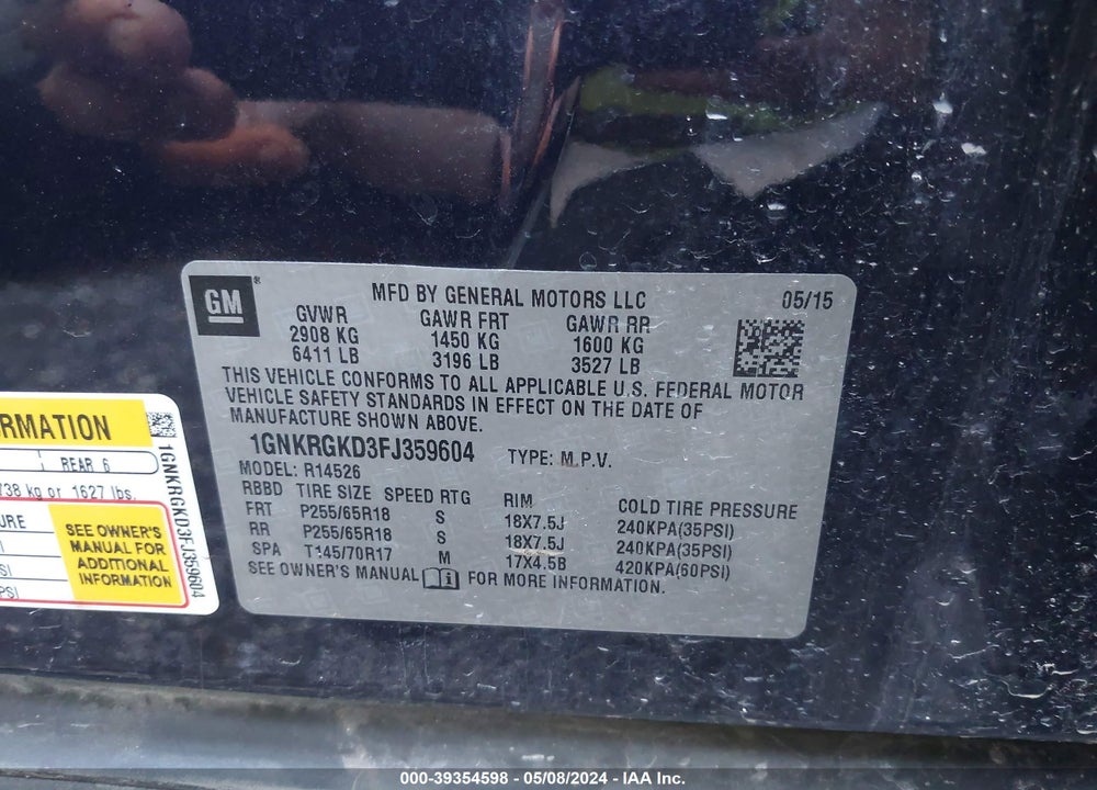 2015 CHEVROLET TRAVERSE 1LT VIN: 1GNKRGKD3FJ359604