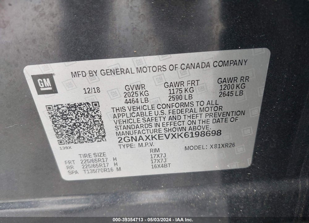 2019 CHEVROLET EQUINOX LT VIN: 2GNAXKEVXK6198698